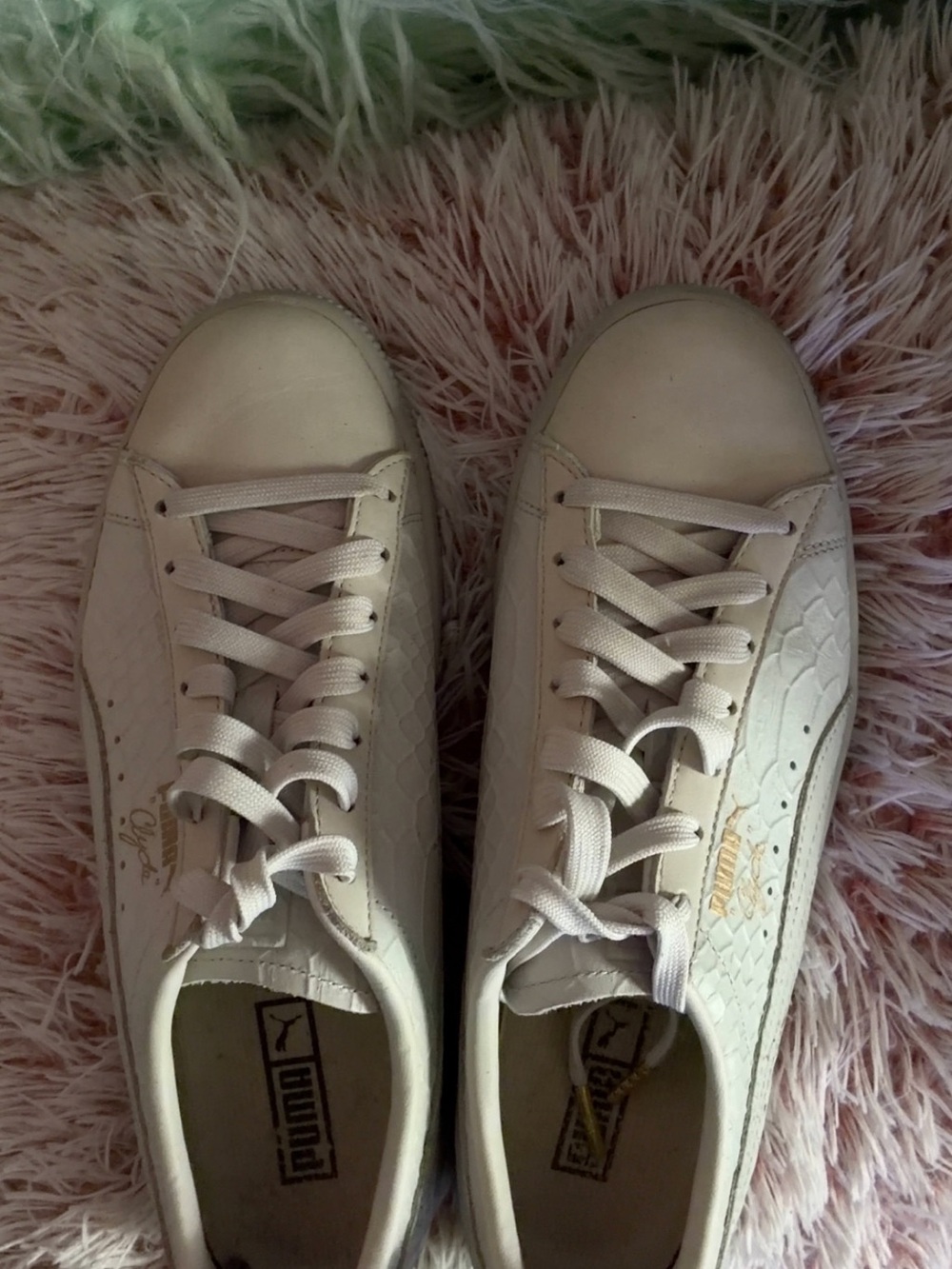 Puma Cream Leather Sneakers with Gold Script Accent